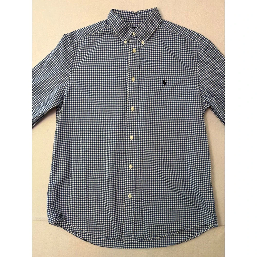 Ralph Lauren Boys XL 18-20 Blue Gingham Natural Stretch Button Down Shirt Pony